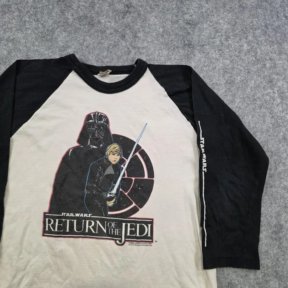 Vintage Star Wars Return Of‎ The Jedi T Shirt Youth 14-16 Black Raglan 80s Lucas